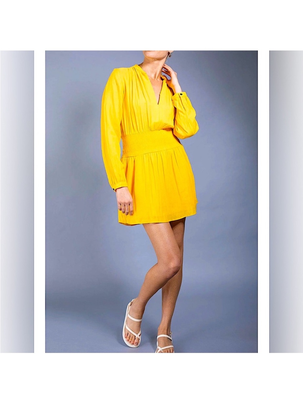 Rag & Bone Calista Smocked Waist Yellow Long-Sleeve Tunic  mini dress sz L